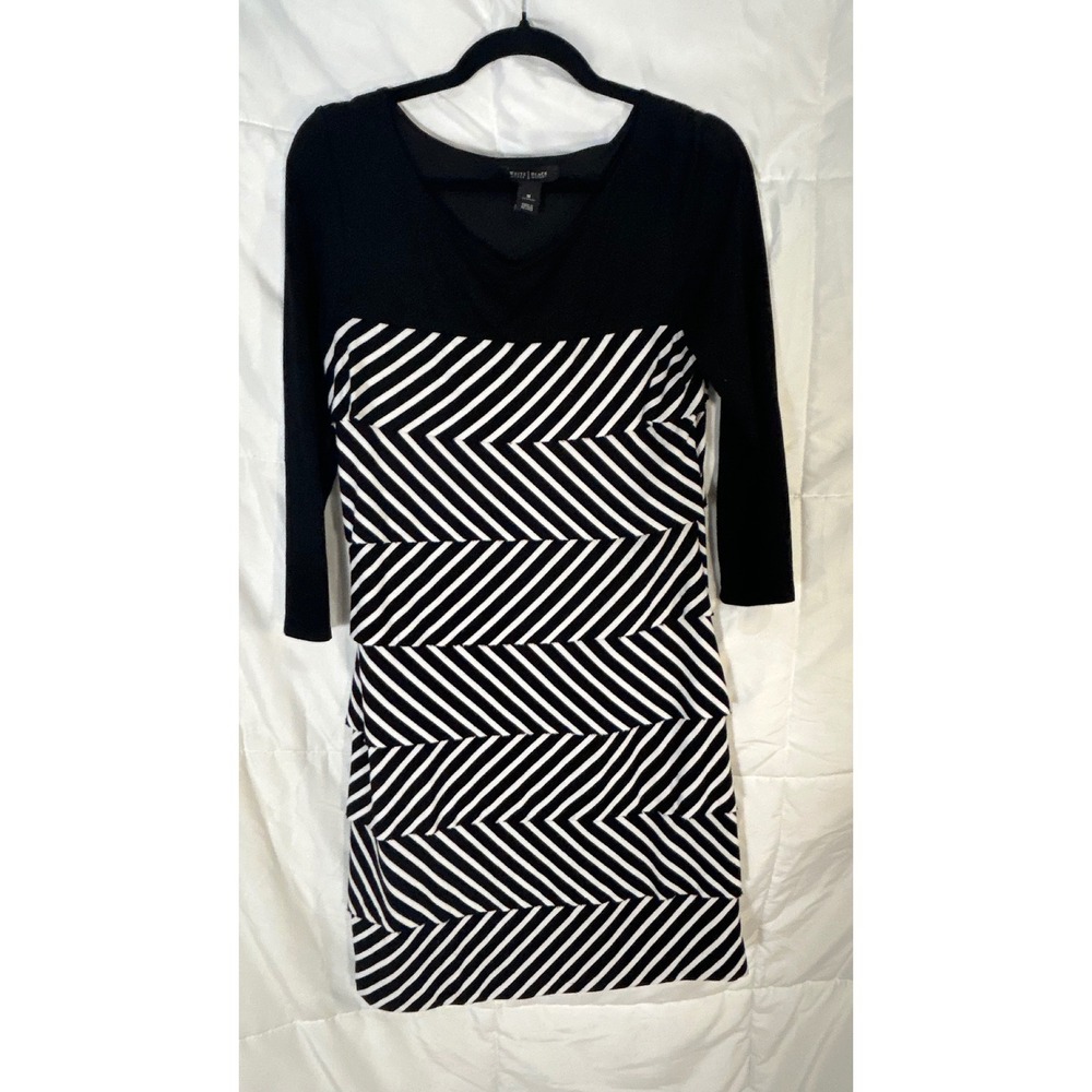 White House Black Market Black White Stripe 3/4 Sleeve V Neck Sheath Dress M